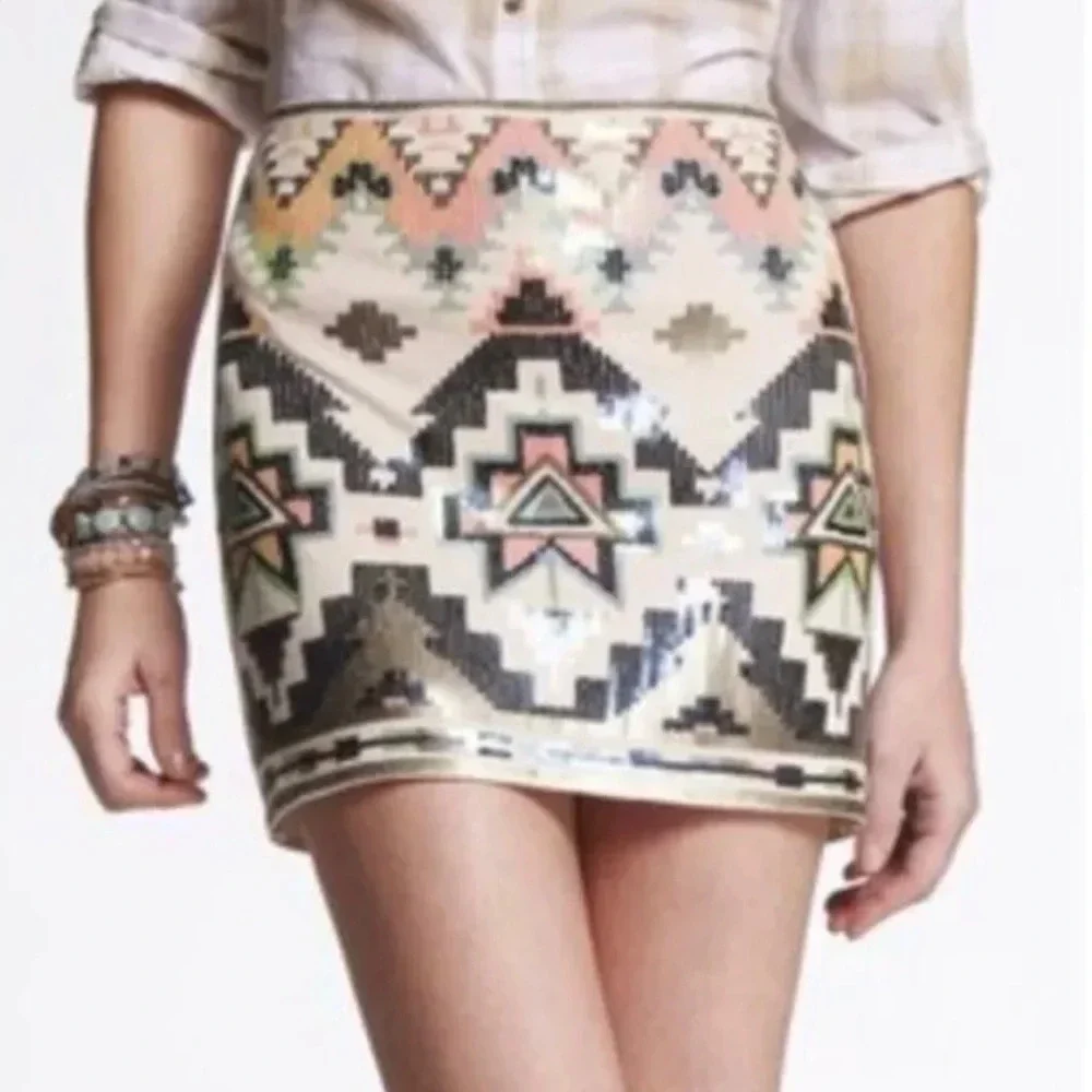 Express Aztec Sequin Tribal Cream Mini Skirt Size XS Colorful Boho Southwestern